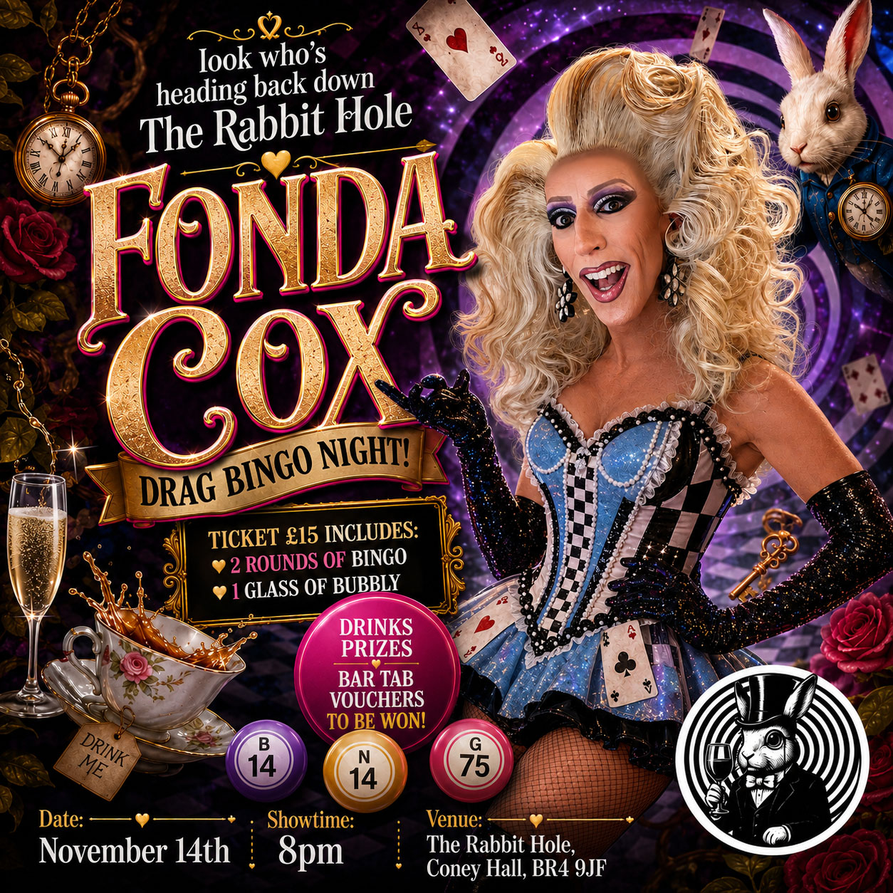 Fonda Cox drag bingo night at the Rabbit Hole, Nov. 14th at 8pm
